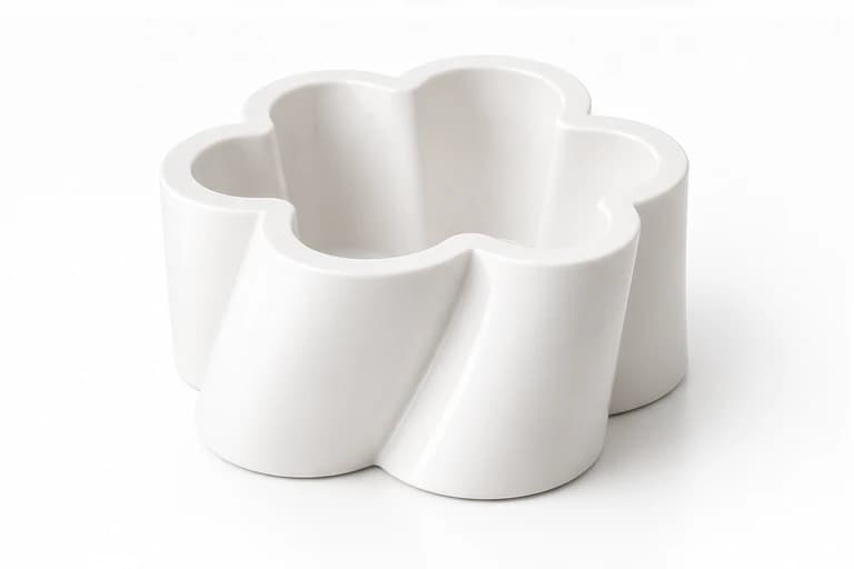 Corolla, vaso basso a cinque petali con torsione, bianco lucido